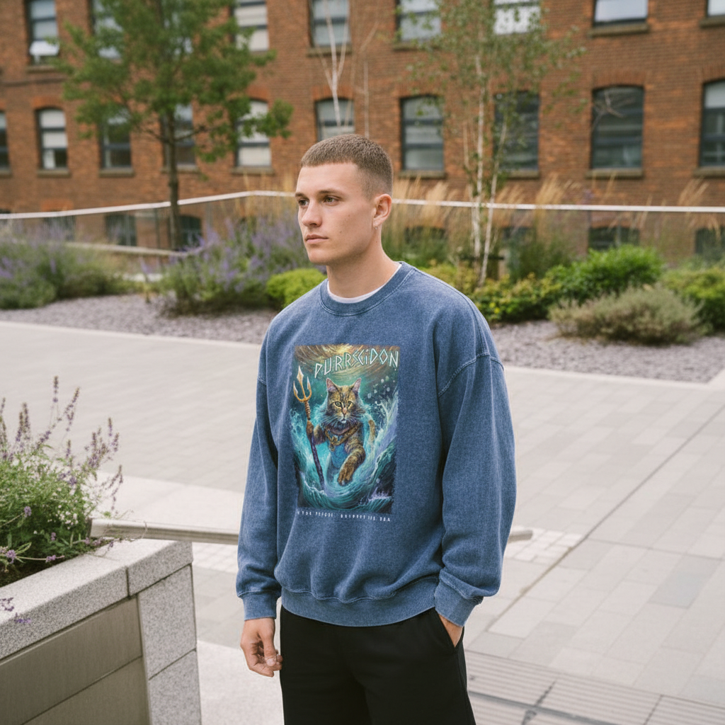 Person wearing a blue sweatshirt with a graphic design outdoors.