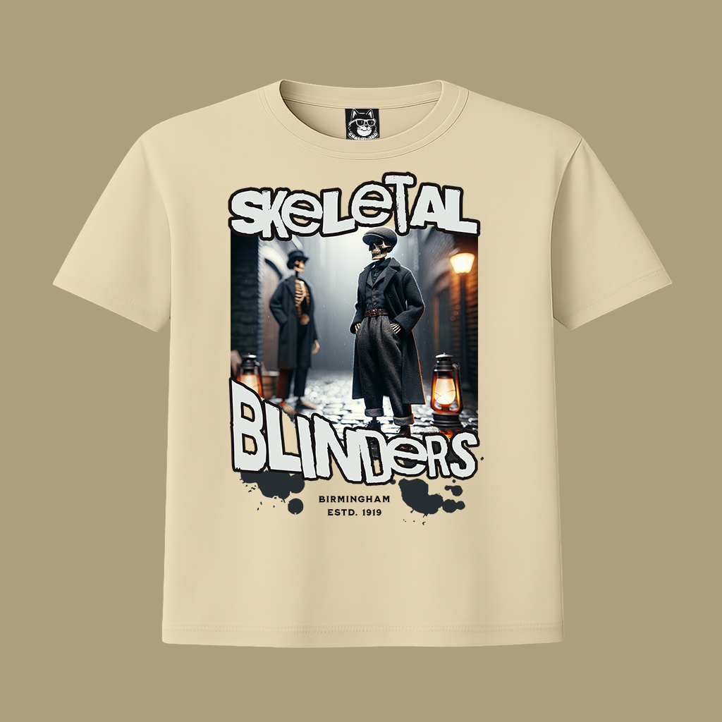 Beige t-shirt with 'Skeletal Blinders' graphic design on a beige background