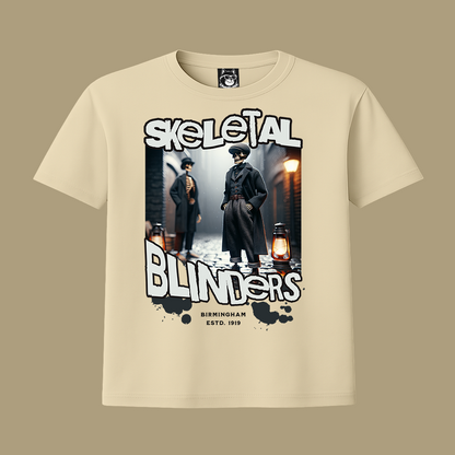 Beige t-shirt with 'Skeletal Blinders' graphic design on a beige background