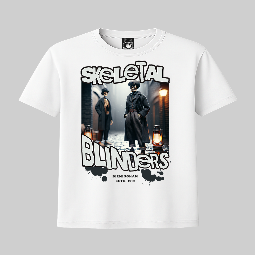 SKELETAL BLINDERS - Unisex Classic Crew Neck Cotton T-Shirt in White, Grey & Peach