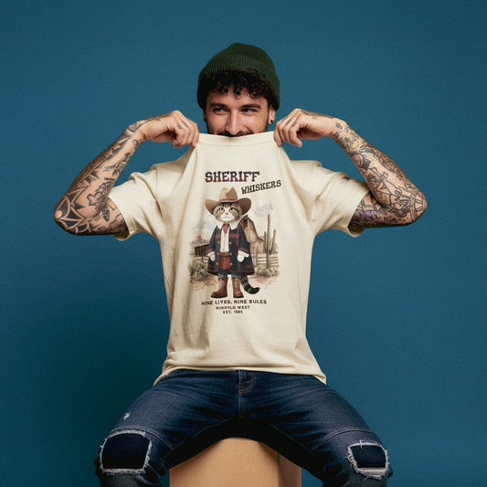 Man holding up a t-shirt with a sheriff graphic design against a blue background
