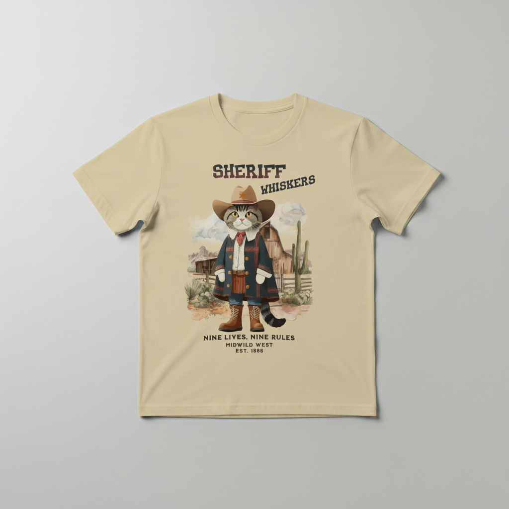 Beige t-shirt with a graphic of a cat in a sheriff costume on a gray background