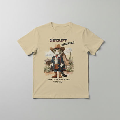Beige t-shirt with a graphic of a cat in a sheriff costume on a gray background