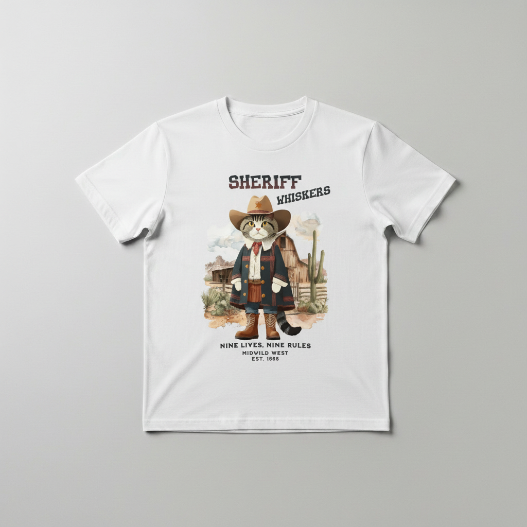 White t-shirt with a cat sheriff graphic and text on a gray background