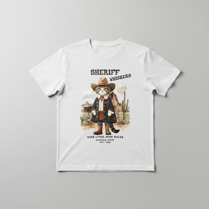 White t-shirt with a cat sheriff graphic and text on a gray background