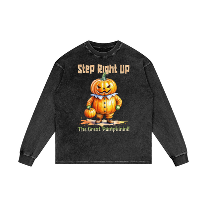 Black long-sleeve shirt with a pumpkin graphic and text on a white background