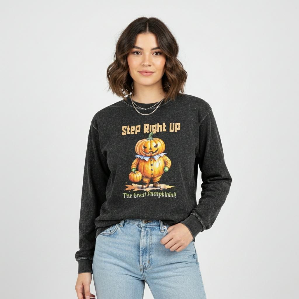 Person wearing a dark gray sweatshirt with a pumpkin graphic and text on a white background