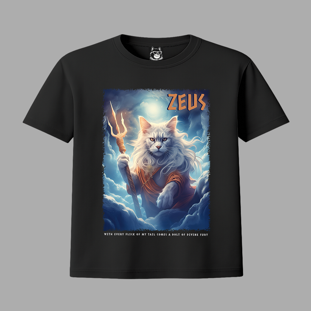 FEAR THE TRIDENT, ZEUS, GREEK GOD CAT - Unisex Classic Crew Neck Cotton T-Shirt in Black, Navy & Lapis Blue