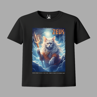 FEAR THE TRIDENT, ZEUS, GREEK GOD CAT - Unisex Classic Crew Neck Cotton T-Shirt in Black, Navy & Lapis Blue