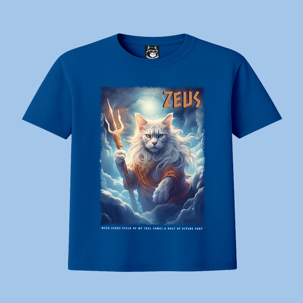 FEAR THE TRIDENT, ZEUS, GREEK GOD CAT - Unisex Classic Crew Neck Cotton T-Shirt in Black, Navy & Lapis Blue