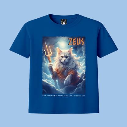 FEAR THE TRIDENT, ZEUS, GREEK GOD CAT - Unisex Classic Crew Neck Cotton T-Shirt in Black, Navy & Lapis Blue