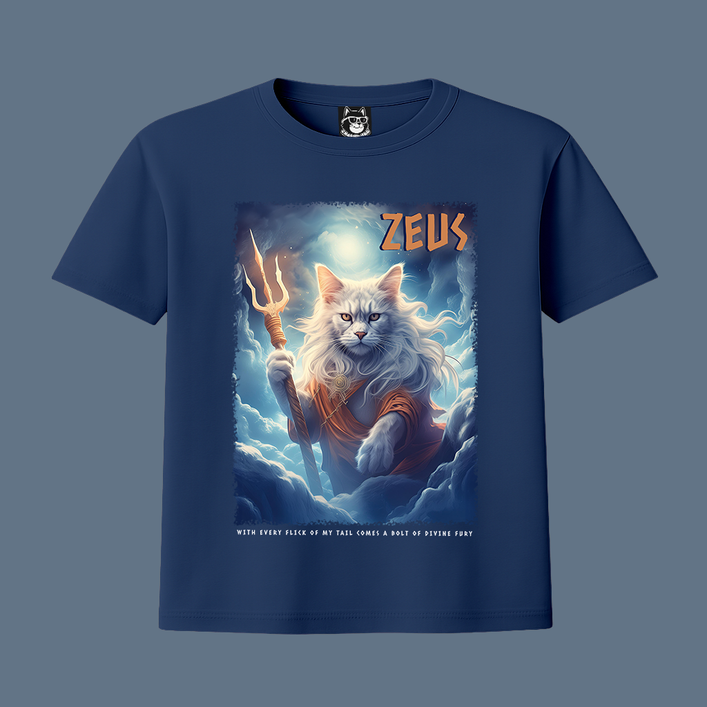 FEAR THE TRIDENT, ZEUS, GREEK GOD CAT - Unisex Classic Crew Neck Cotton T-Shirt in Black, Navy & Lapis Blue