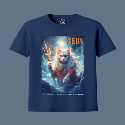 FEAR THE TRIDENT, ZEUS, GREEK GOD CAT - Unisex Classic Crew Neck Cotton T-Shirt in Black, Navy & Lapis Blue
