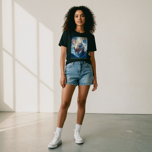 Person wearing a black t-shirt with a graphic design and denim shorts in a bright room.