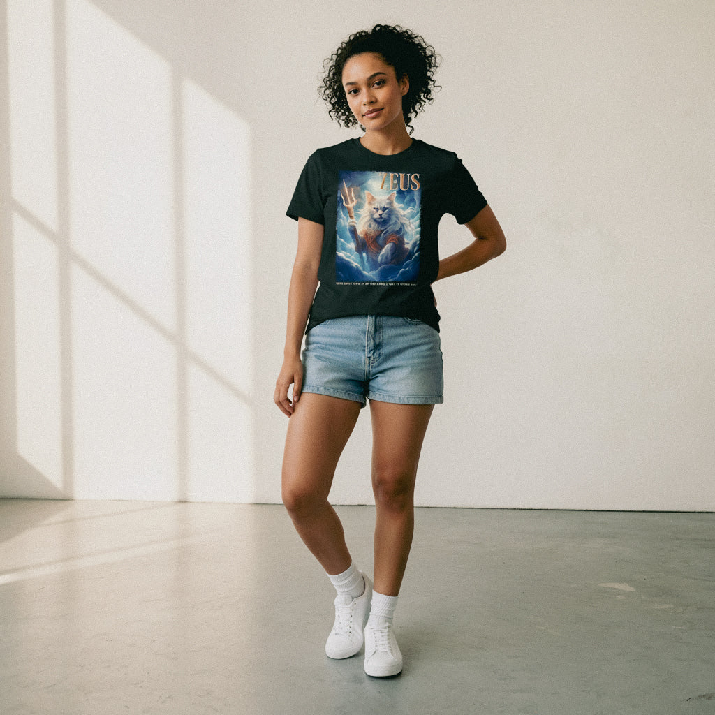 Woman wearing a black t-shirt with a graphic design in a minimalistic setting