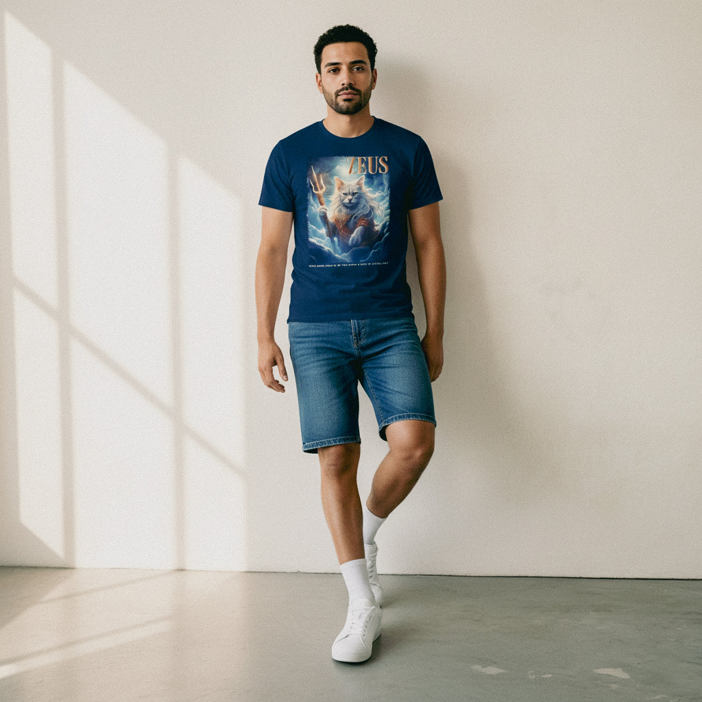 Man wearing a blue t-shirt with a graphic design and denim shorts standing against a plain wall.