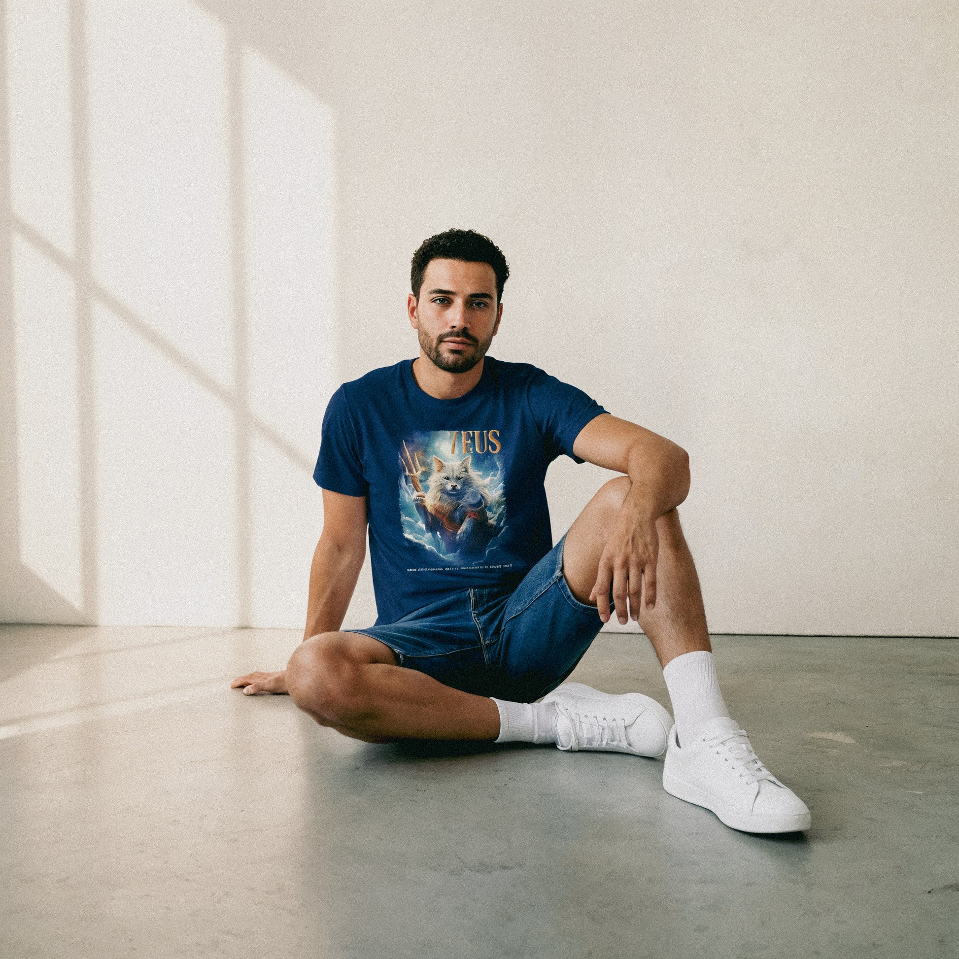 Man sitting on the floor wearing a blue t-shirt with a graphic design and white sneakers.