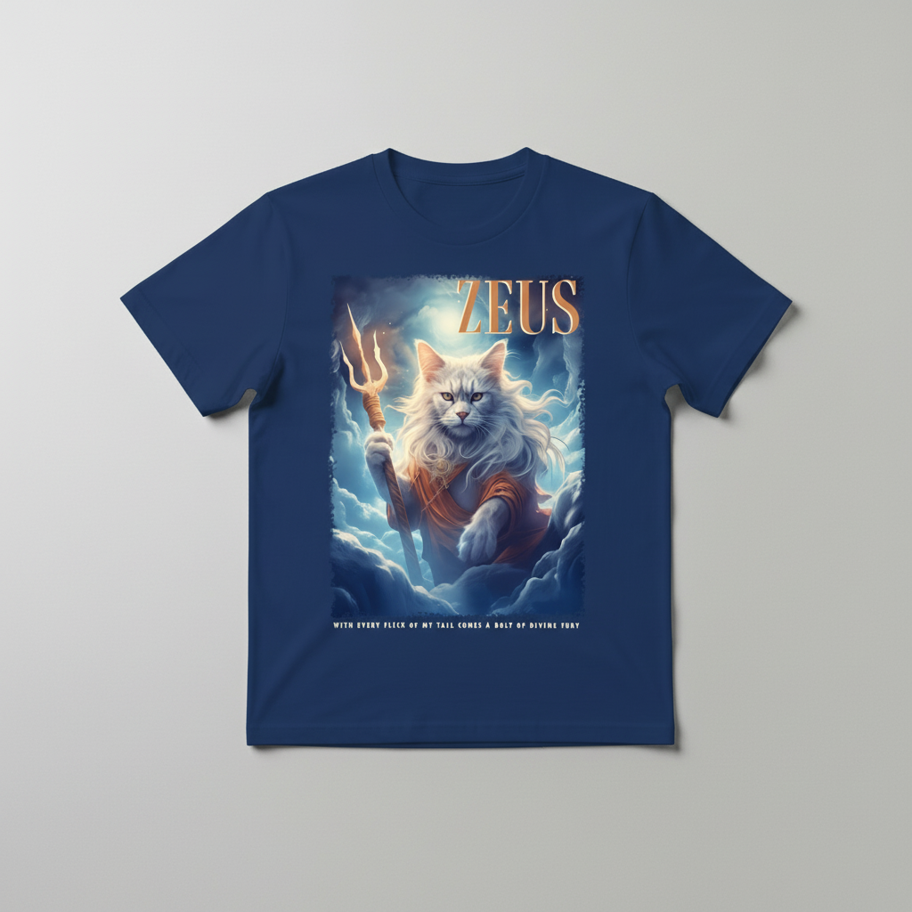 Blue t-shirt with a graphic of a cat resembling Zeus on a gray background