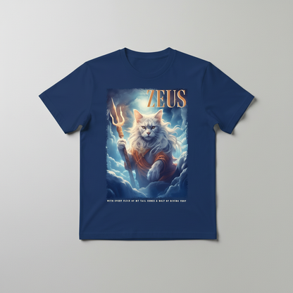 Blue t-shirt with a graphic of a cat resembling Zeus on a gray background