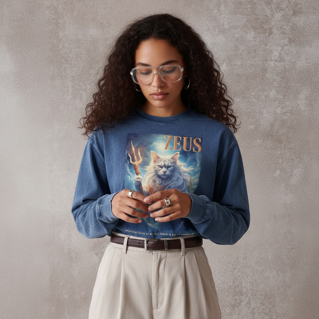 ZEUS, GREEK GOD CAT - Acid Wash Oversize Long Sleeve T-Shirt