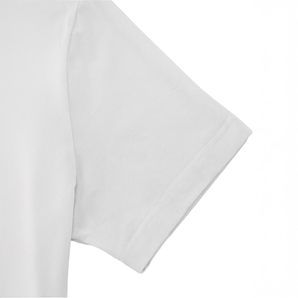A close-up view of a white t-shirt sleeve, showing the fabric and stitching.