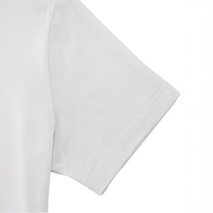 A close-up view of a white t-shirt sleeve, showing the fabric and stitching.