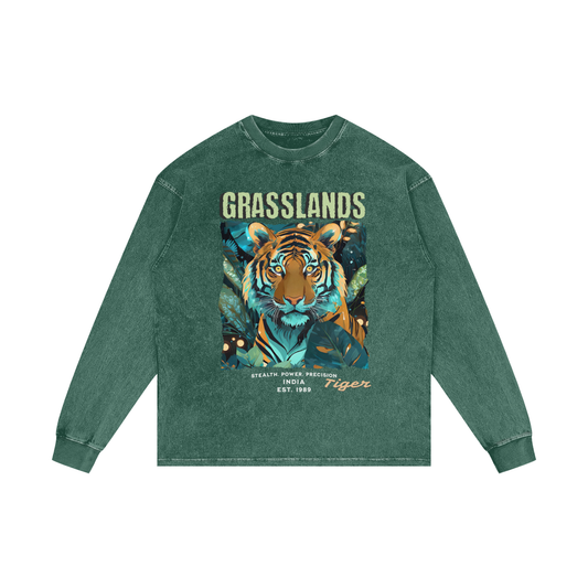 GRASSLANDS TIGER - Acid Wash Oversize Long Sleeve T-Shirt