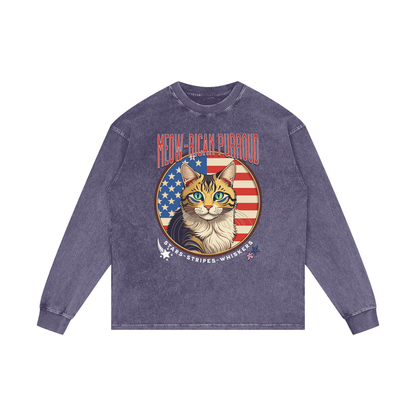Meow-rican Purroud (American Pride) Acid Wash Oversize Long Sleeve T-Shirt