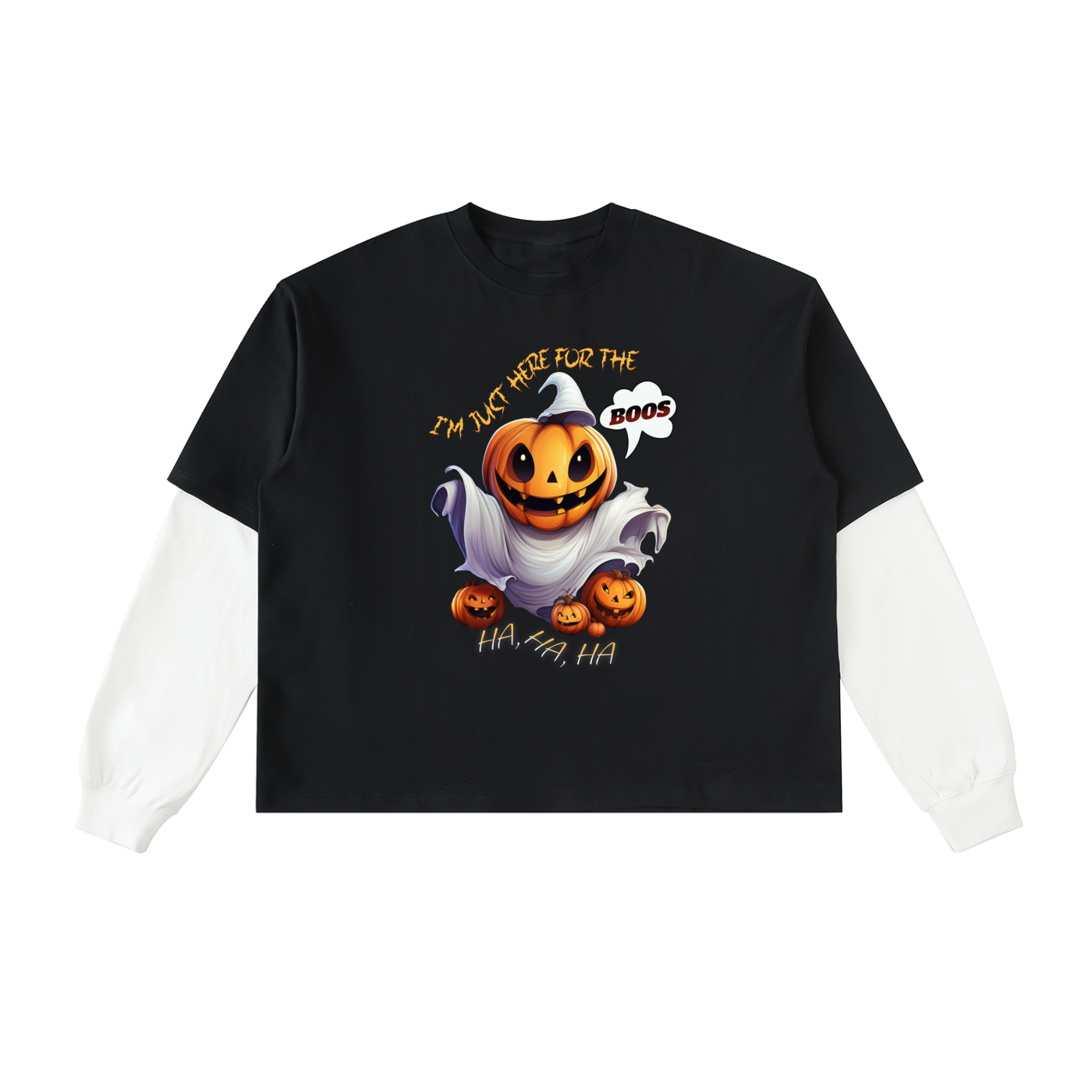 Layered Contrast Sleeve Cotton T-Shirt - Boo Crew Pumpkin Long Tee