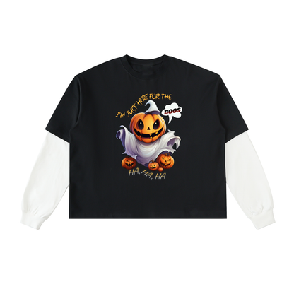 Layered Contrast Sleeve Cotton T-Shirt - Boo Crew Pumpkin Long Tee