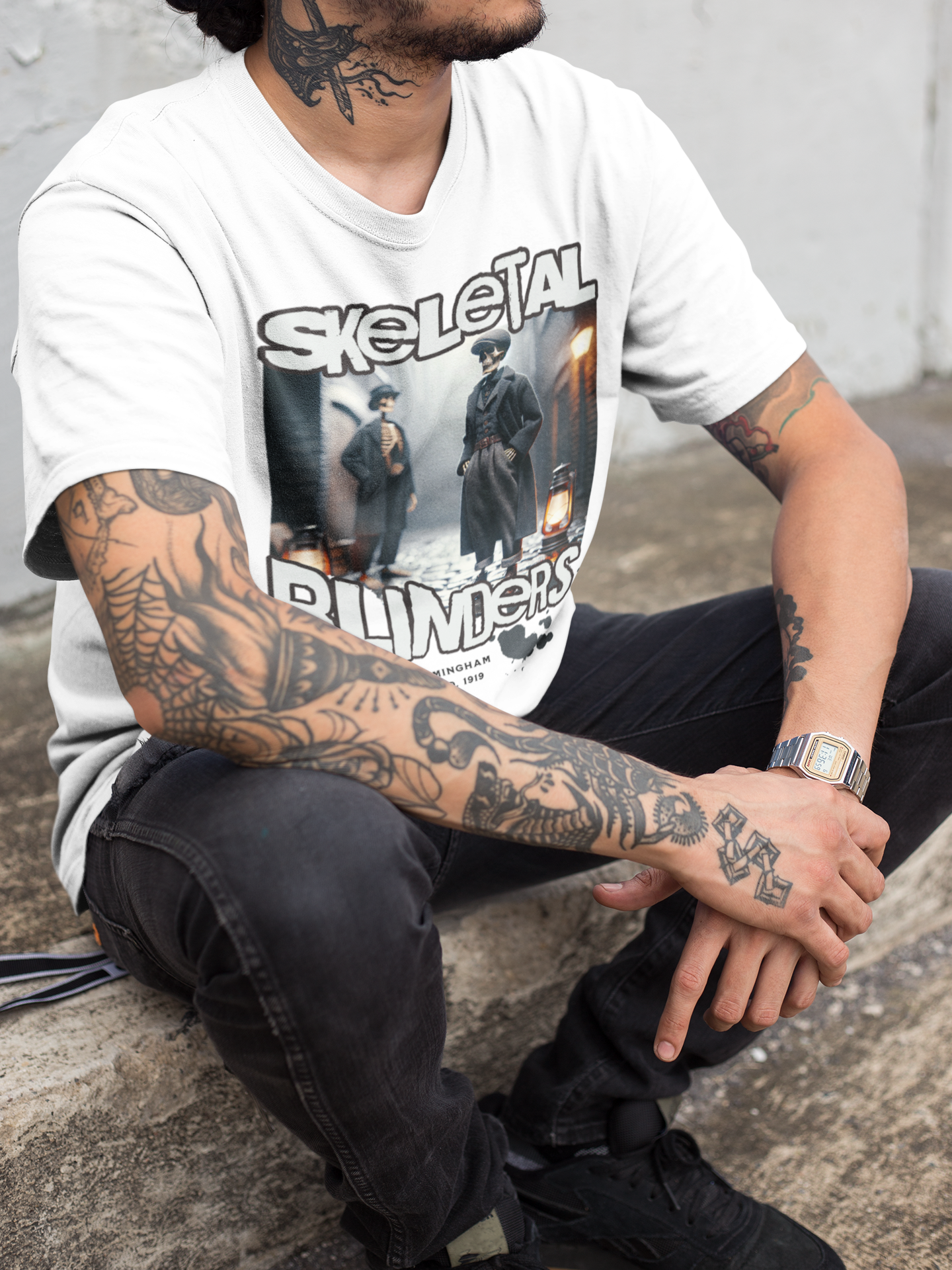 SKELETAL BLINDERS - Unisex Classic Crew Neck Cotton T-Shirt in White, Grey & Peach