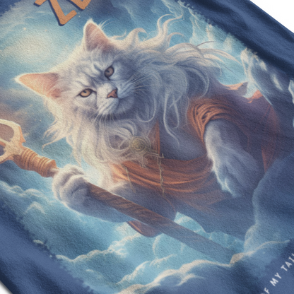 Cat with lightning bolt and superhero cape on a blue background