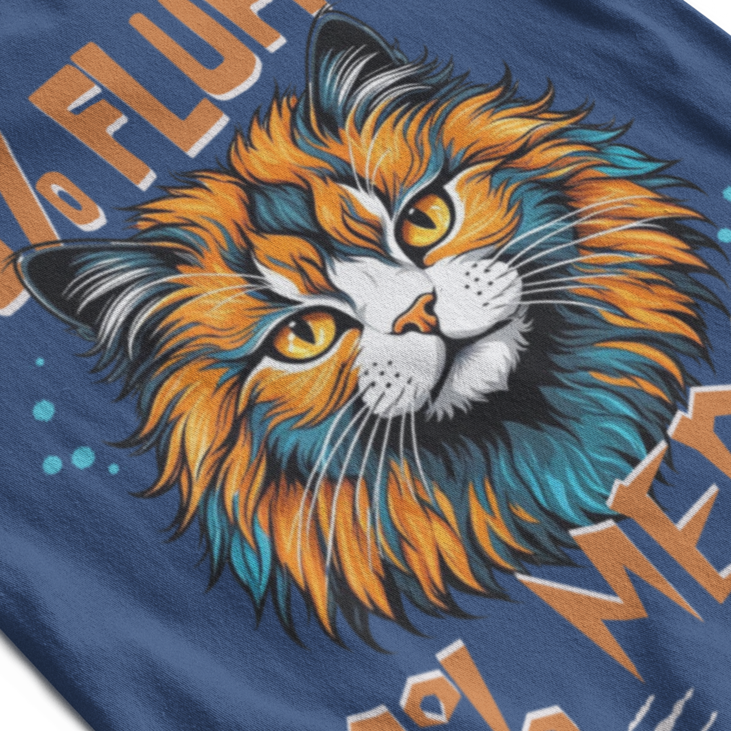 T-shirt with a colorful cat graphic and text on a blue background