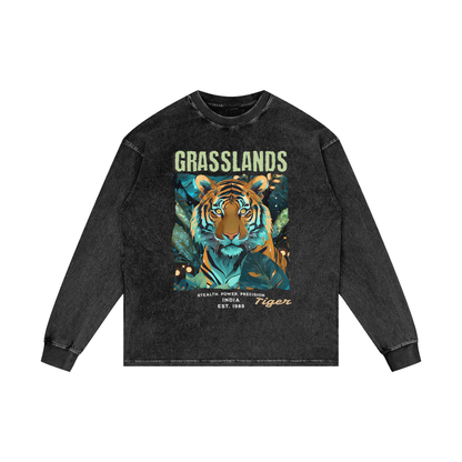 GRASSLANDS TIGER - Acid Wash Oversize Long Sleeve T-Shirt