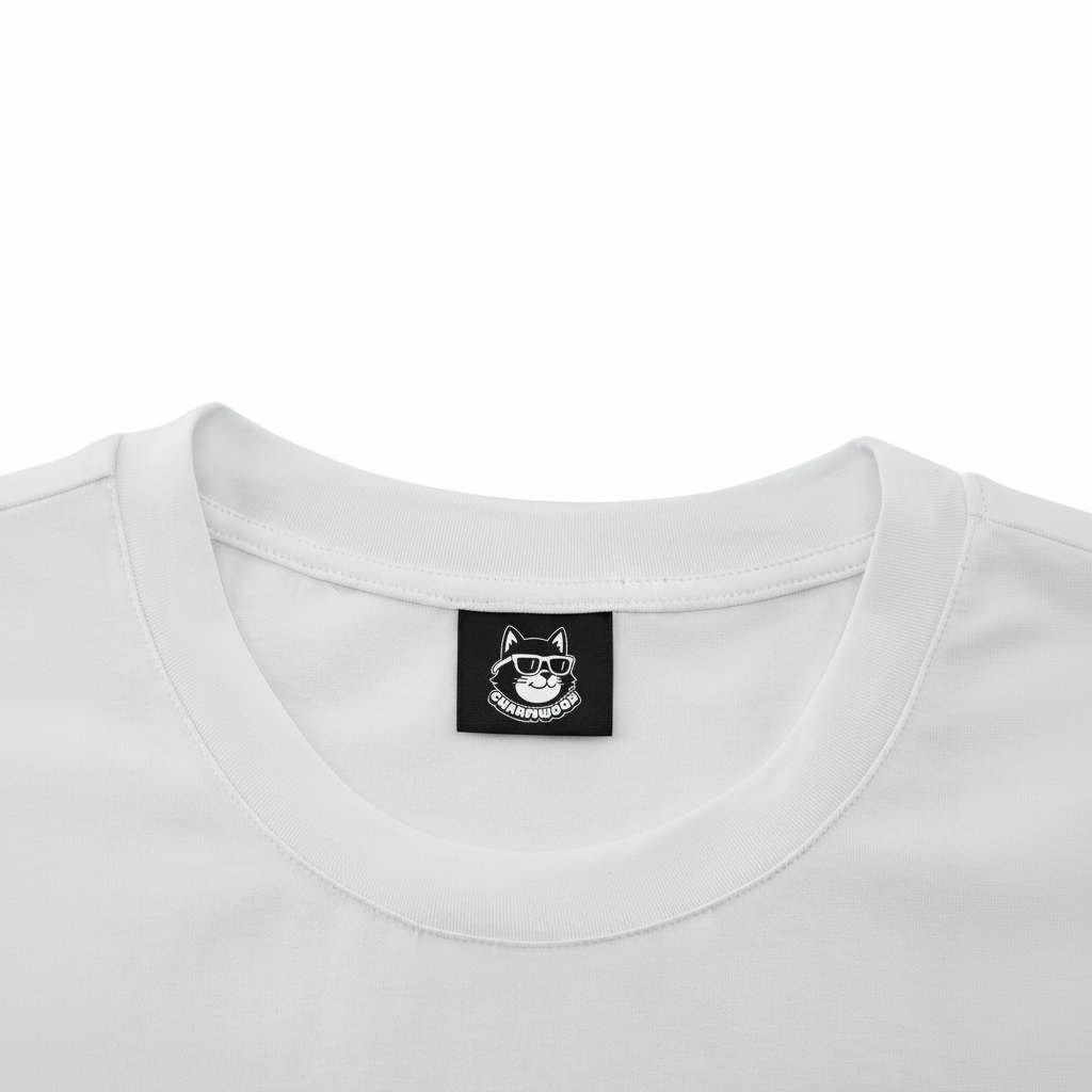 A white t-shirt with a small black label on the collar.