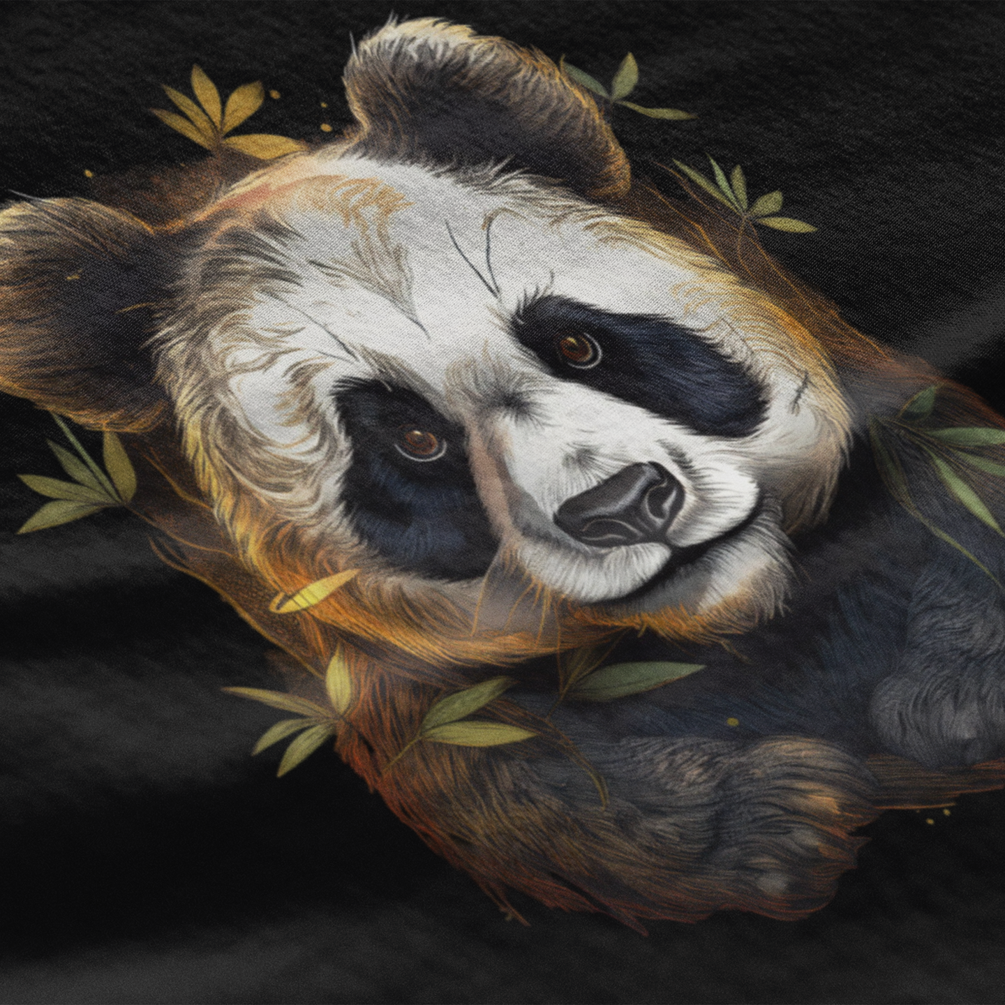 Artistic depiction of a panda bear with leaves on a dark background