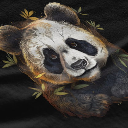 Artistic depiction of a panda bear with leaves on a dark background