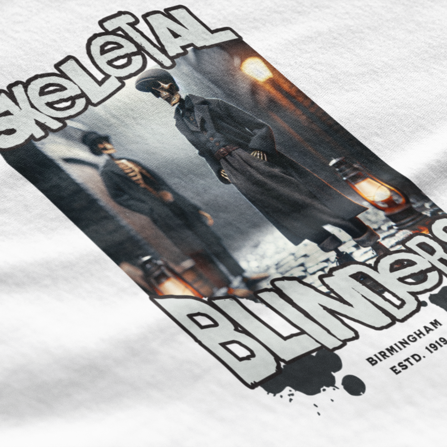 T-shirt with 'Skeletal Blinders' design featuring two figures in a dimly lit setting.
