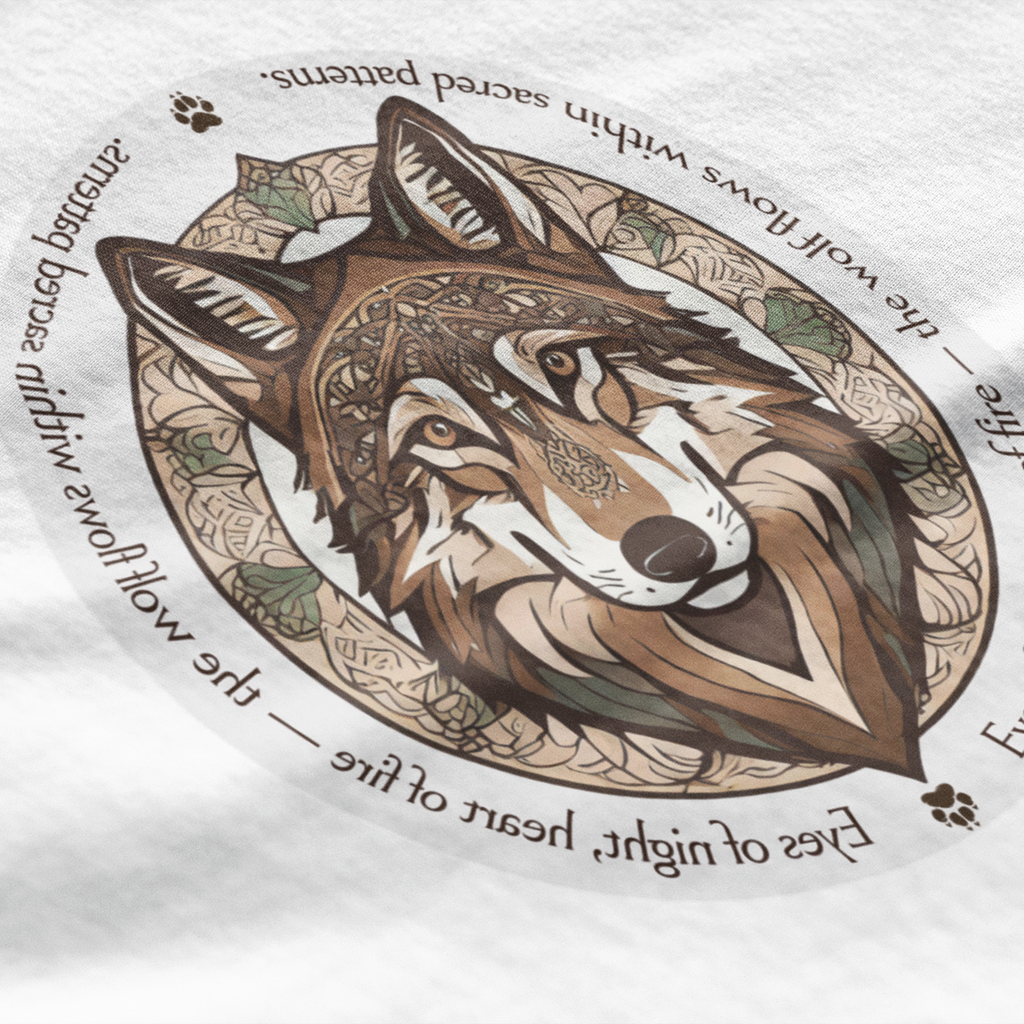 Wolf head design with circular patterns and text on a white fabric background