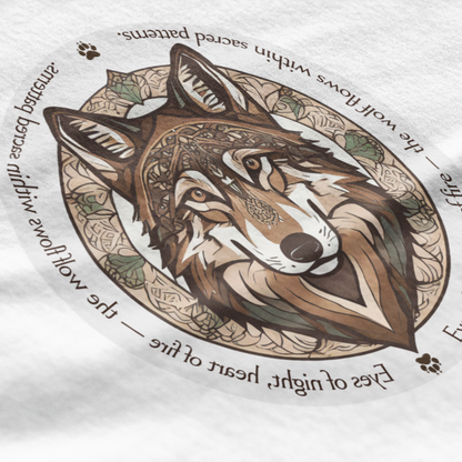 Wolf head design with circular patterns and text on a white fabric background