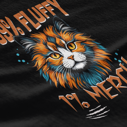 Black t-shirt with a colorful cat graphic and text '99% Fluffy, 1% Mercy' on a dark background