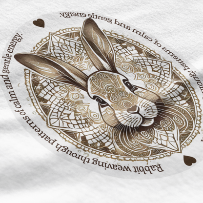 Decorative t-shirt with a rabbit illustration and text on a white background