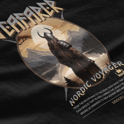 Black t-shirt with 'ICARIA' logo and design featuring a person in armor and nature elements.