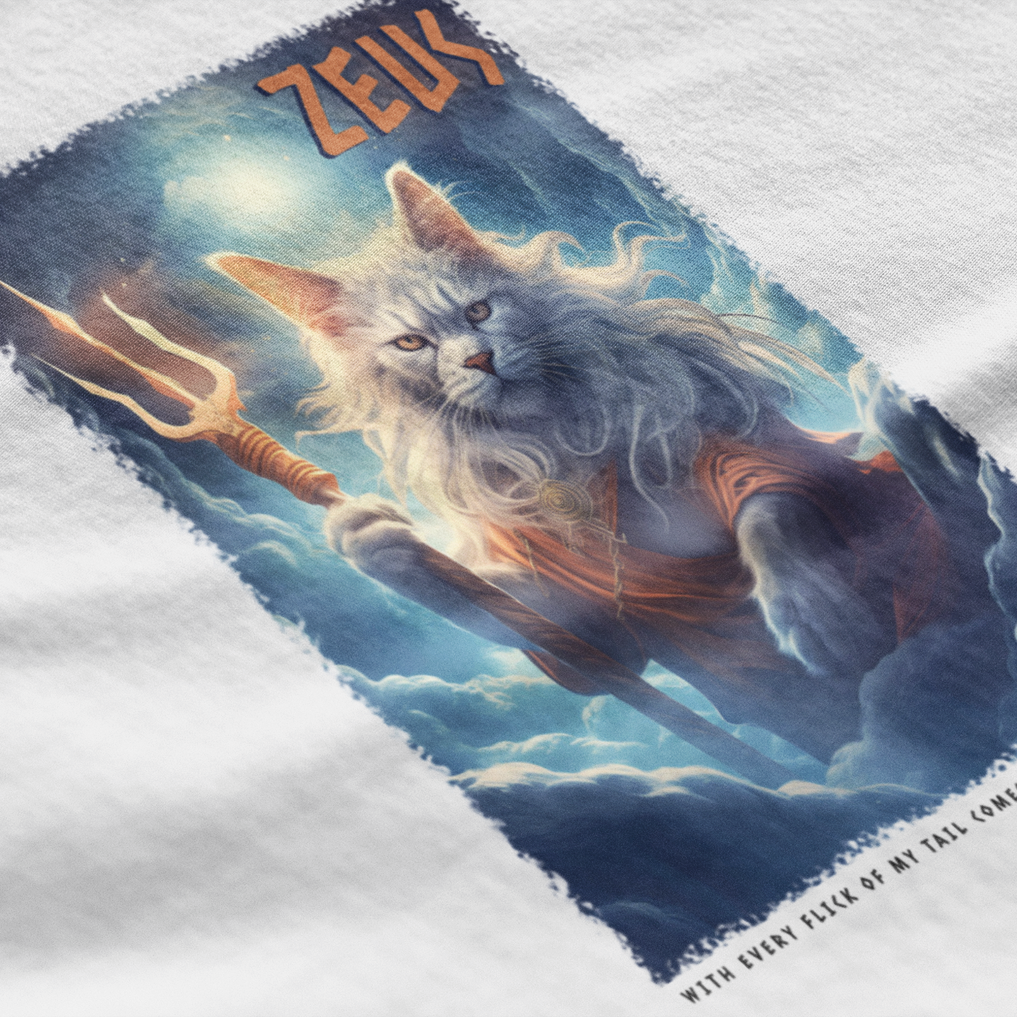 T-shirt with a graphic of a cat resembling Zeus holding a trident on a white background
