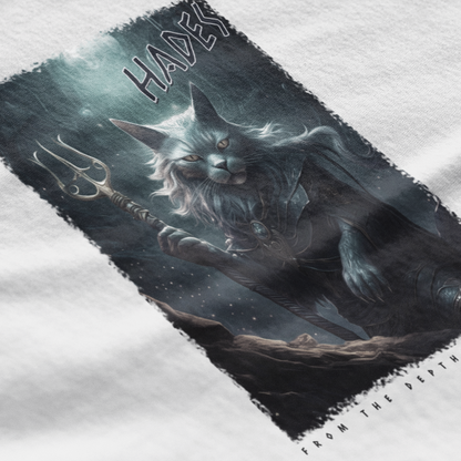 T-shirt with a graphic of a creature holding a trident on a white background