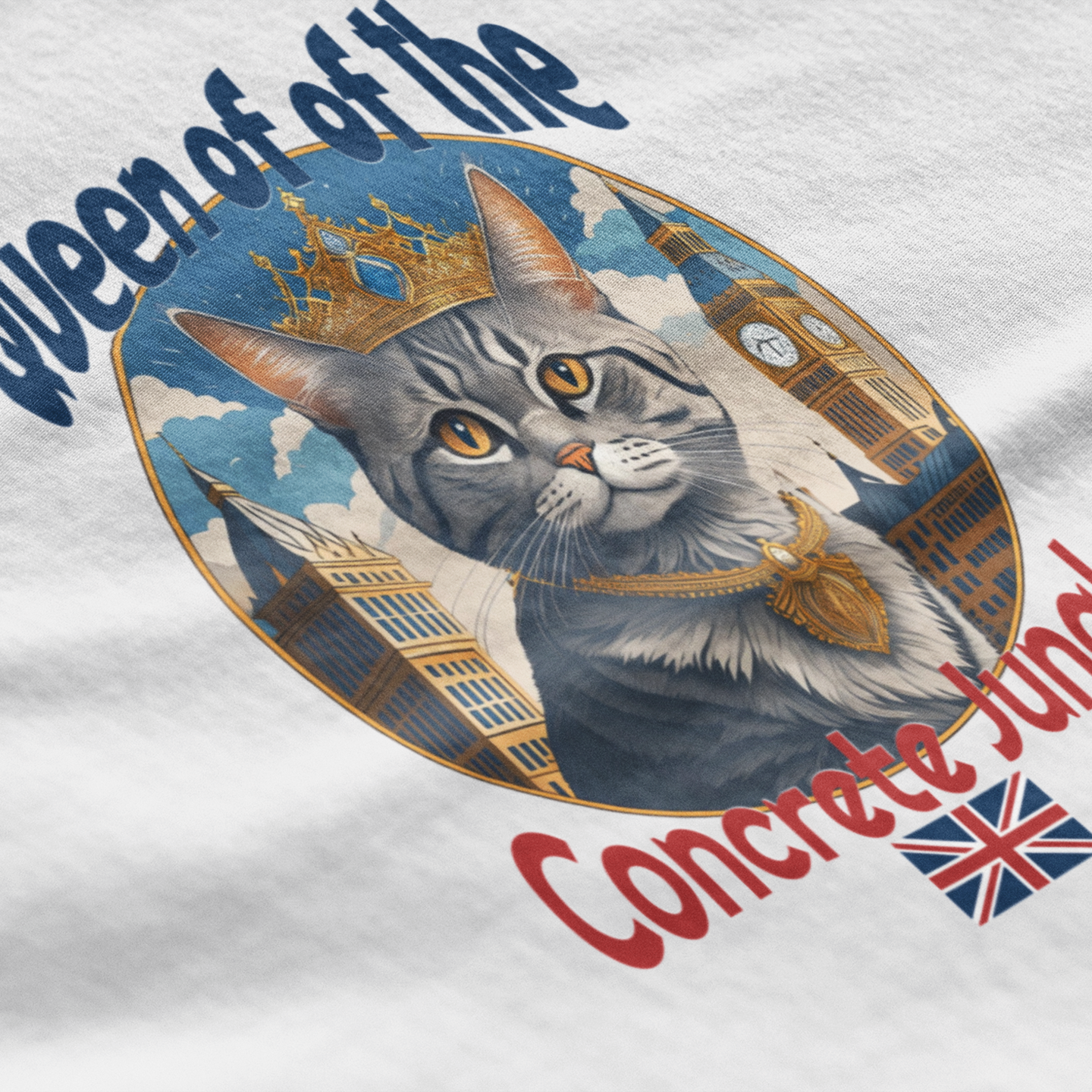 T-shirt with a cat graphic and text 'Queen of the Concrete Jungle' on a white background