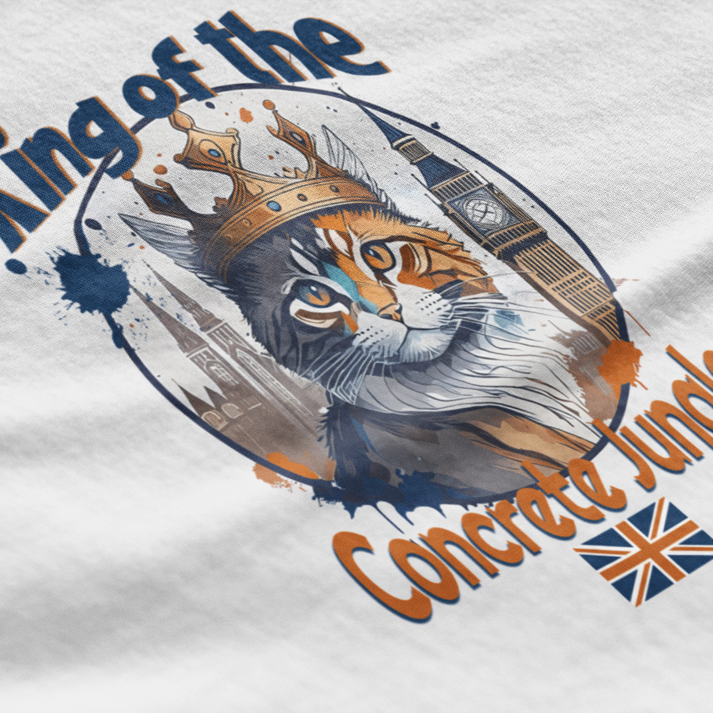T-shirt with a graphic of a lion wearing a crown and text 'King of the Concrete Jungle' on a white background.