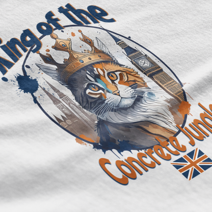 T-shirt with a graphic of a lion wearing a crown and text 'King of the Concrete Jungle' on a white background.
