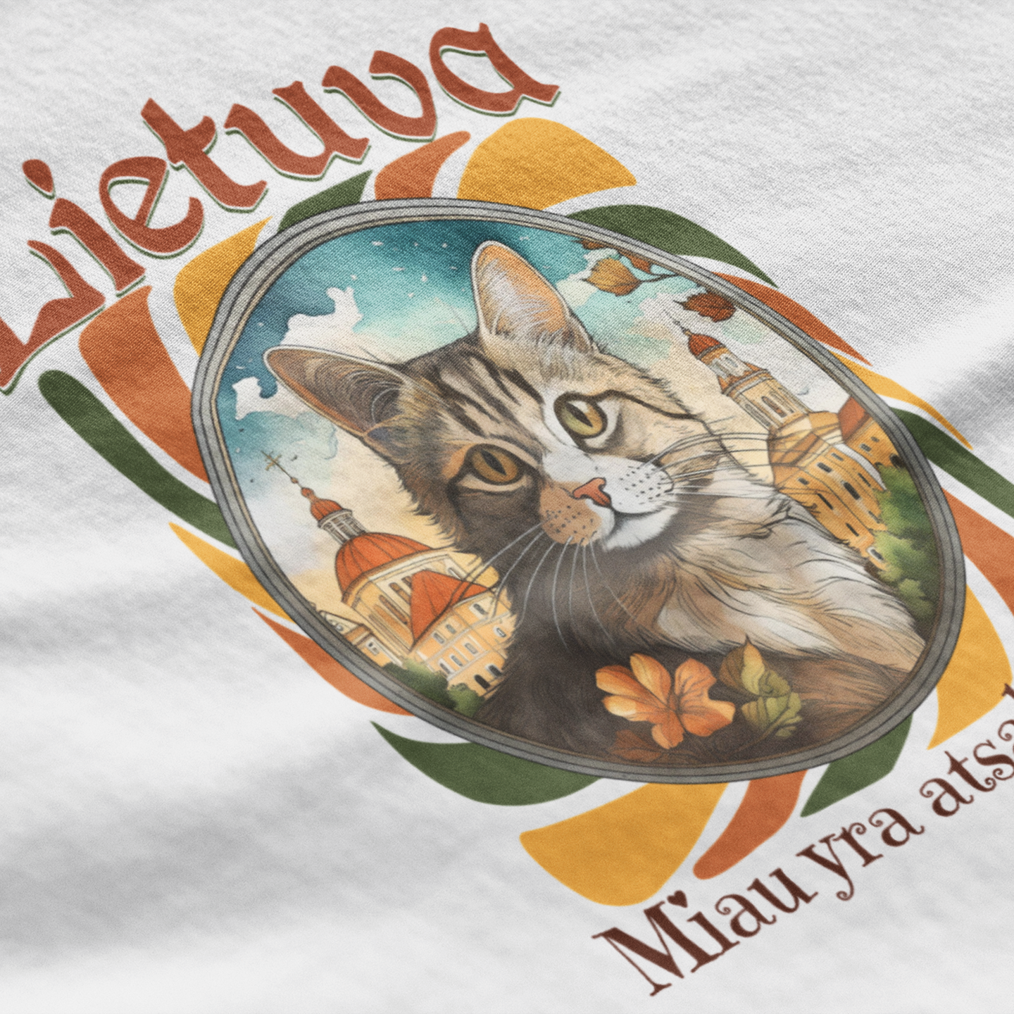 White t-shirt with a cat illustration and 'Lietuva' text on a white background