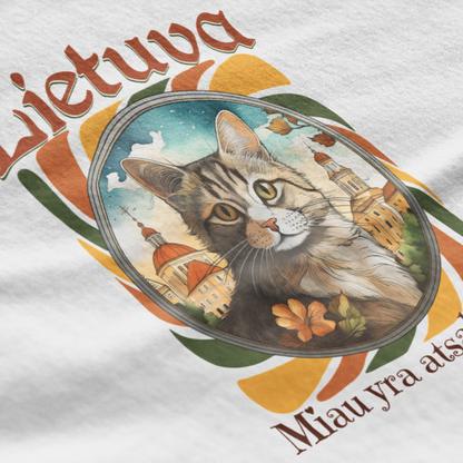 White t-shirt with a cat illustration and 'Lietuva' text on a white background